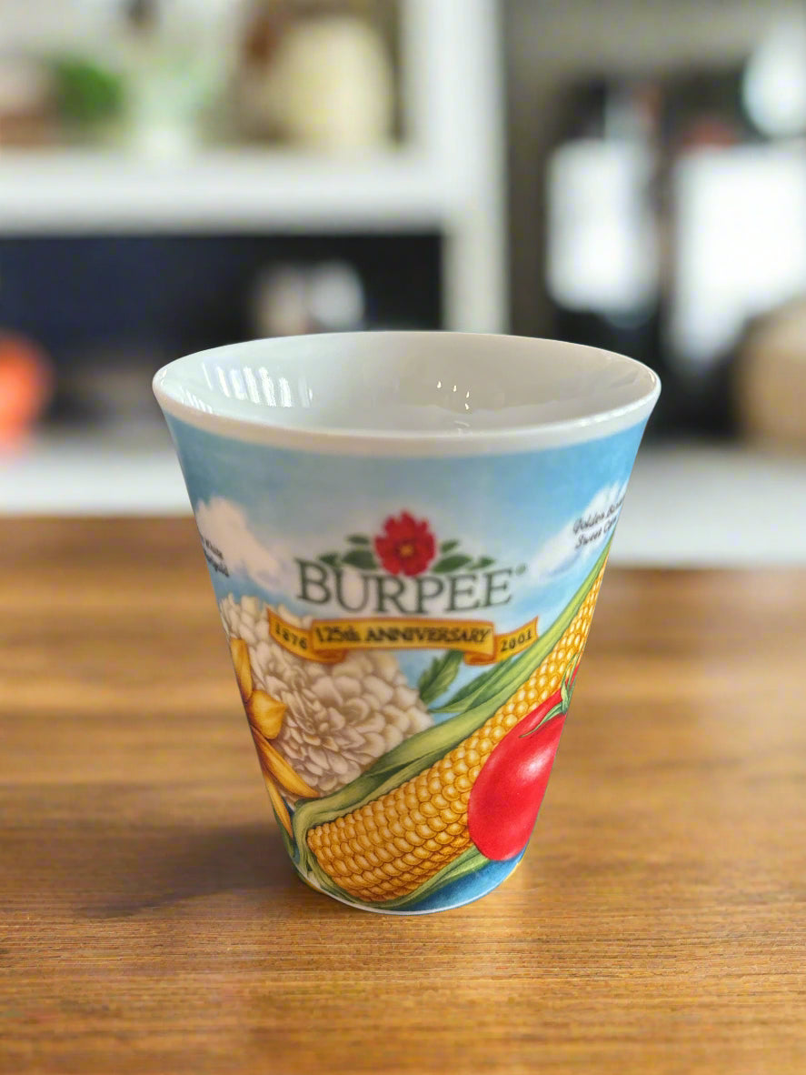 Burpee 2001 125th Anniversary Coffee Cup Mug Flowers Corn Lettuce 4 3/8" Tall