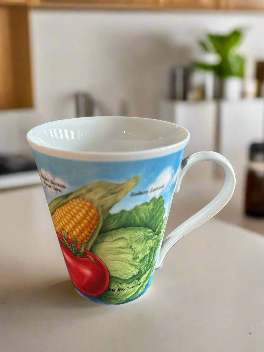 Burpee 2001 125th Anniversary Coffee Cup Mug Flowers Corn Lettuce 4 3/8" Tall