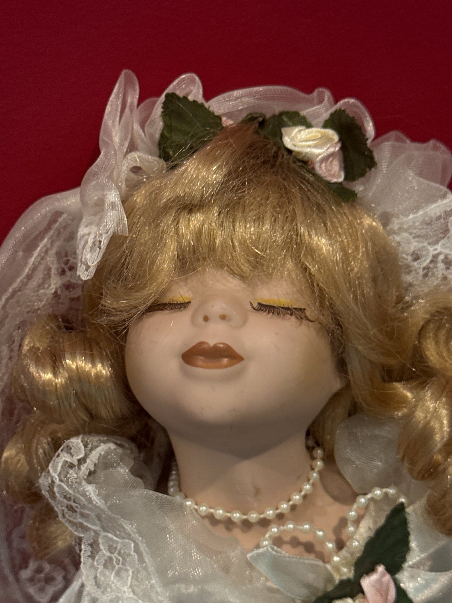 Ashley Belle Porcelain Collectible Bride Doll 16" Tall Closed Eyes Ready For Kiss Hand Sewn