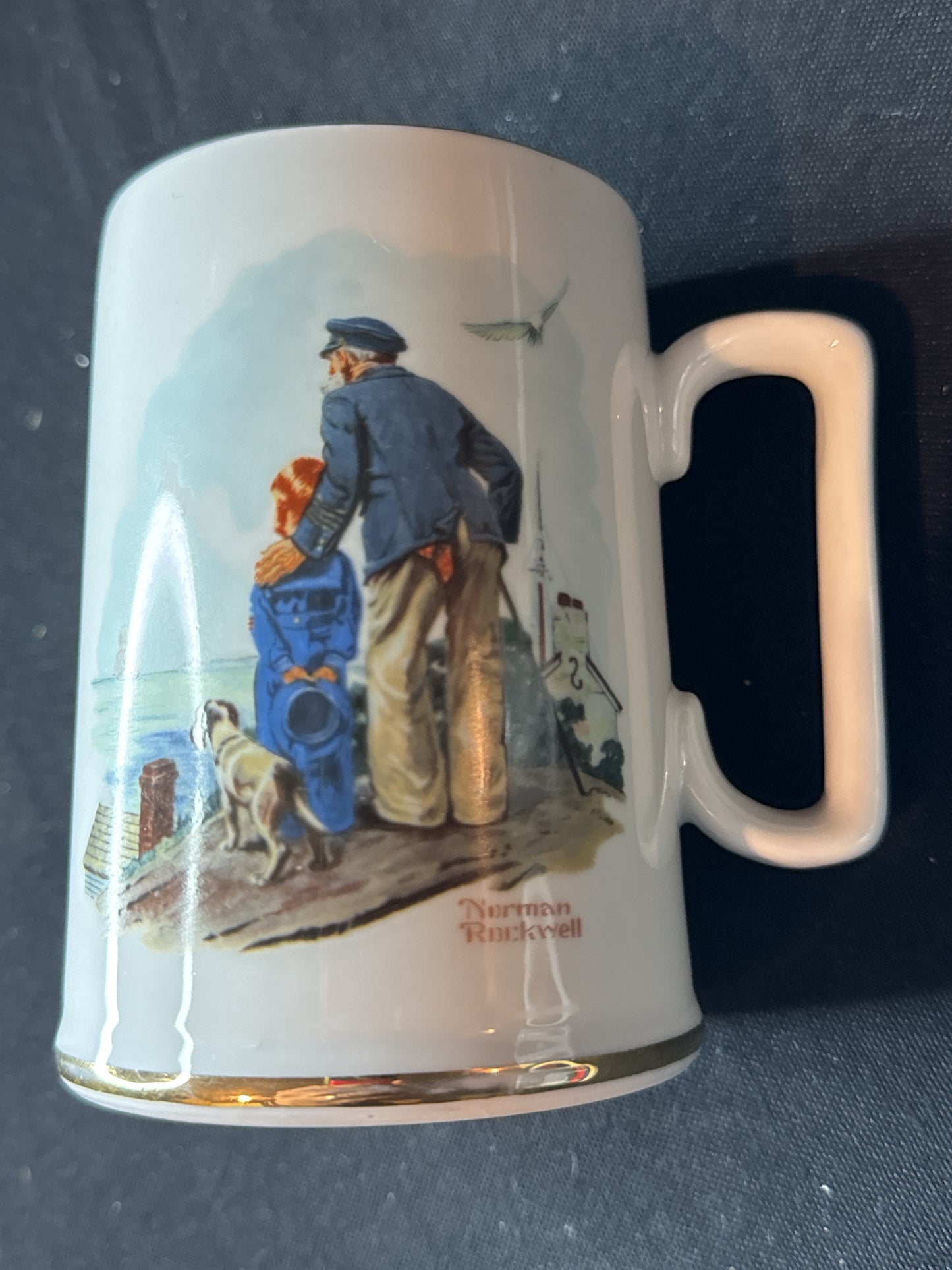 Vintage Norman Rockwell Looking Out to Sea Old Man Boy Dog Coffee Mug Cup 4.5" Tall