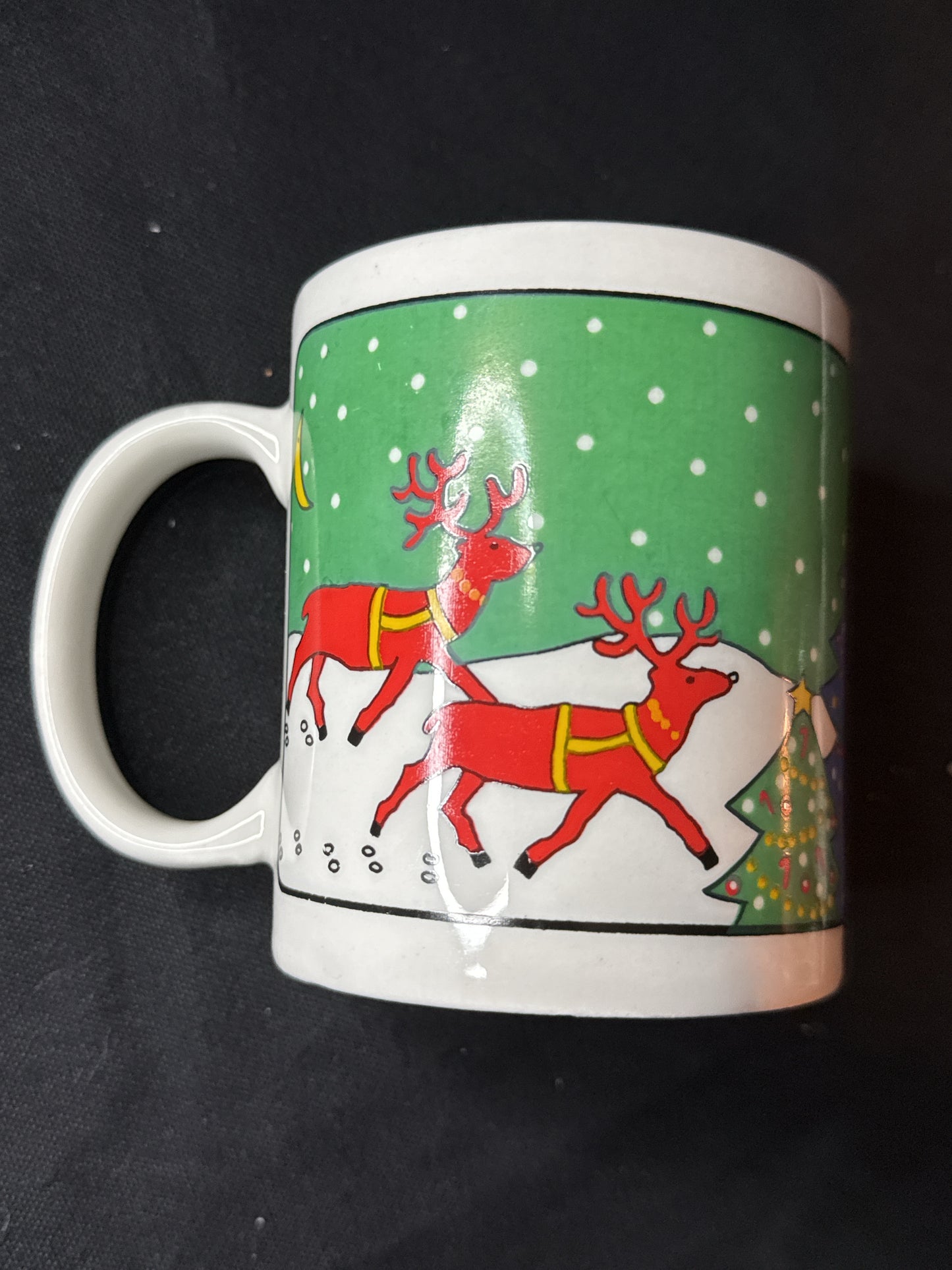 Vintage Christmas Scene Reindeer Coffee Mug Village Christmas Tree 4" Tall