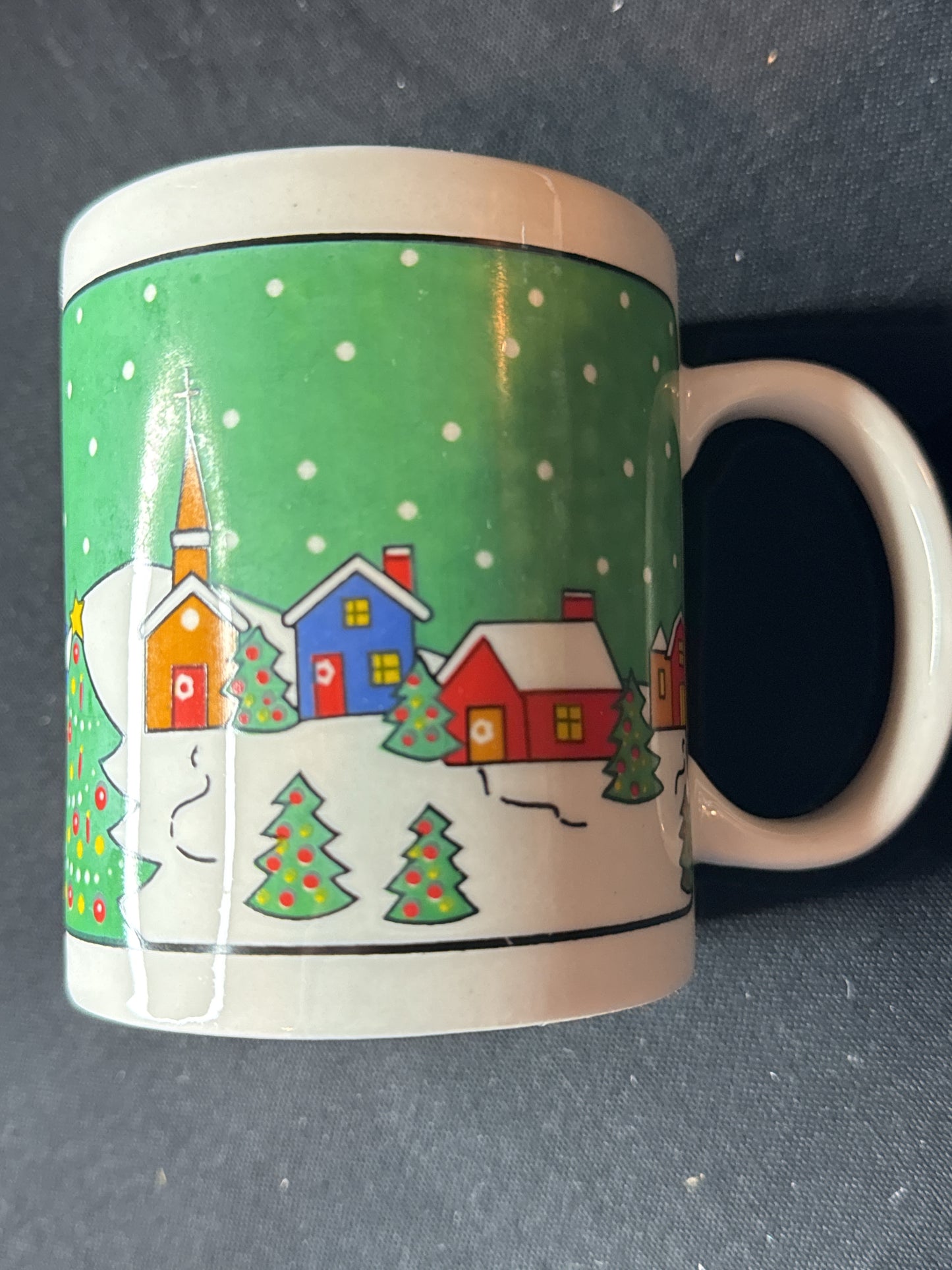 Vintage Christmas Scene Reindeer Coffee Mug Village Christmas Tree 4" Tall