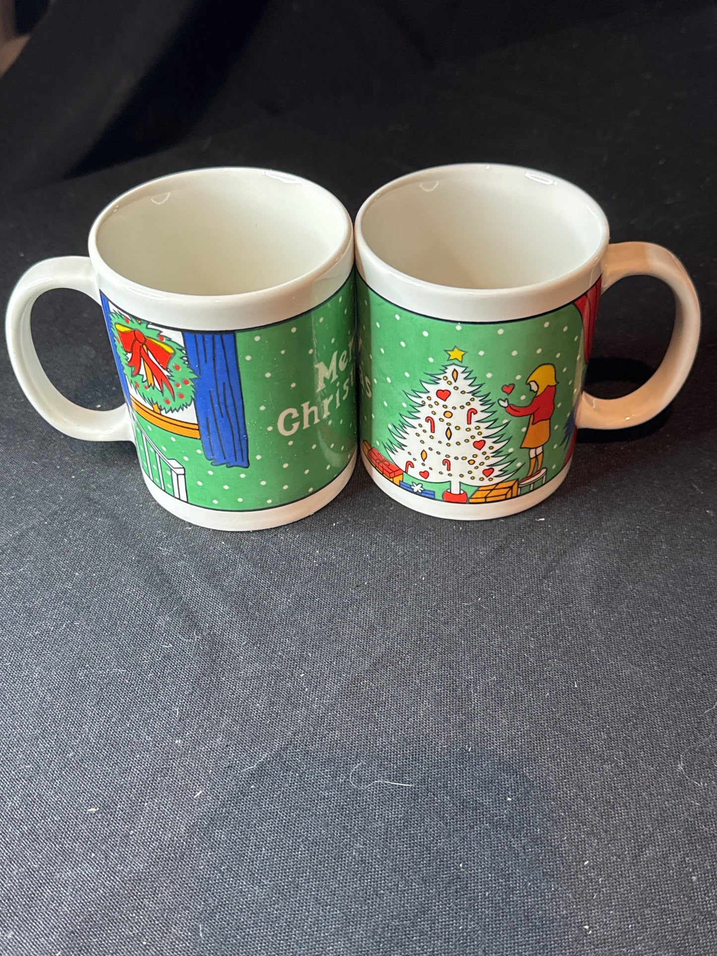 Pair of Merry Christmas Blonde Girl Decorating Tree on Stool Coffee Mugs Cups 4" Tall