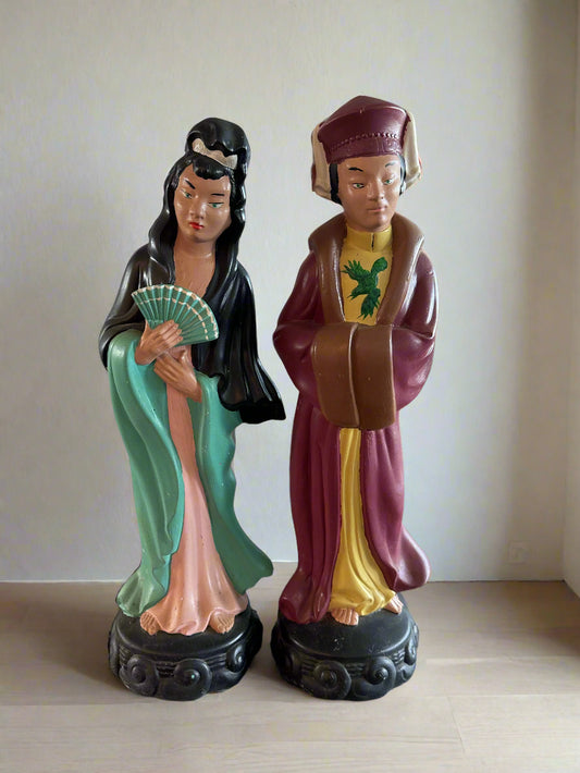 Vintage Chinese Immortal Figural Man & Woman Pottery Sculptures Pair 21" Tall