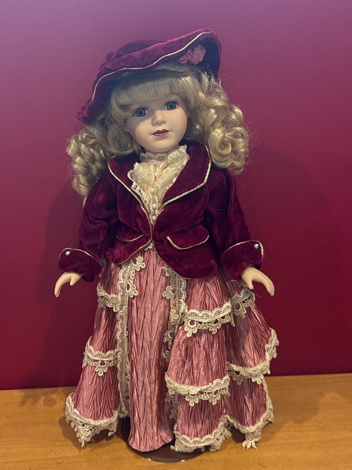 Porcelain Collectible Doll Collector's Choice Victorian Red Dress Blonde Hair Blue Eyes 17" Tall