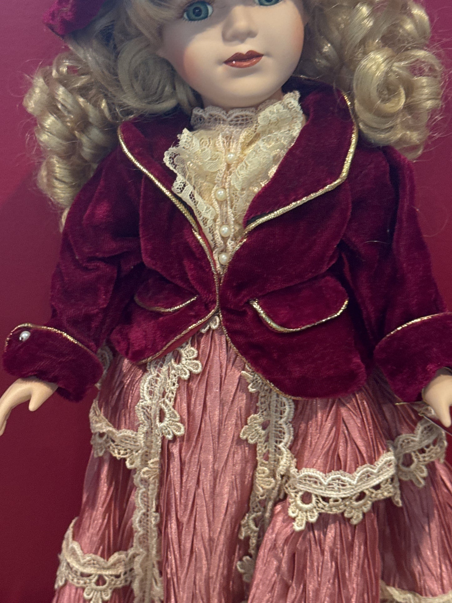 Porcelain Collectible Doll Collector's Choice Victorian Red Dress Blonde Hair Blue Eyes 17" Tall