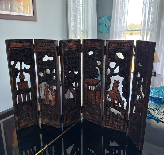 Antique Carved Wooden Folding Table Top Screen Six Paneled Hinged Asian Scenes 15" Tall
