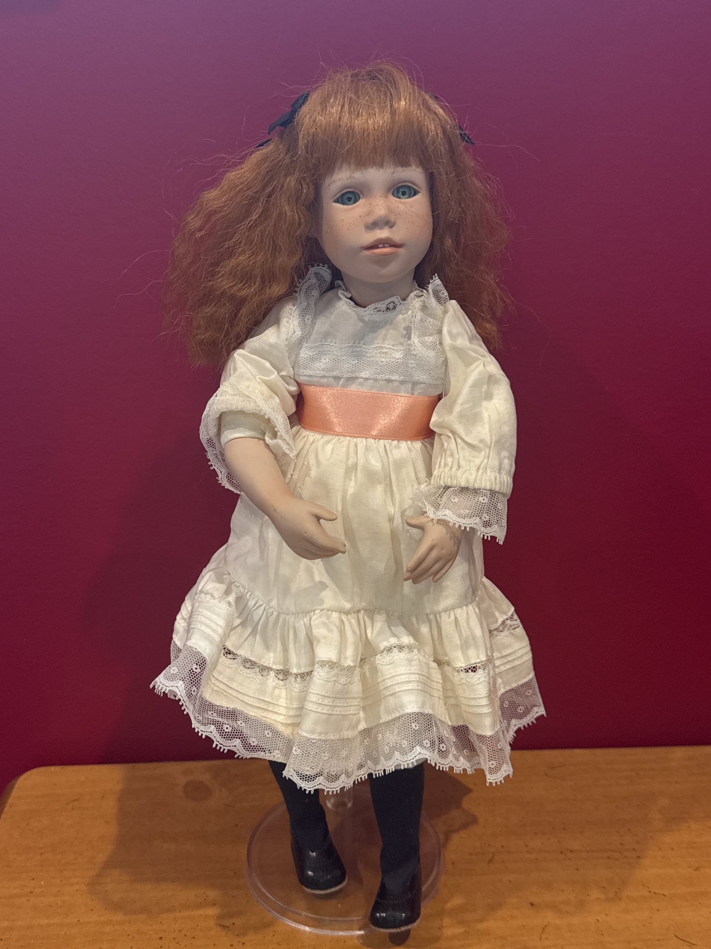 Polly's Tea Party Porcelain Collectible Doll By Susan Krey 15" Tall With Stand Red Hair Freckles