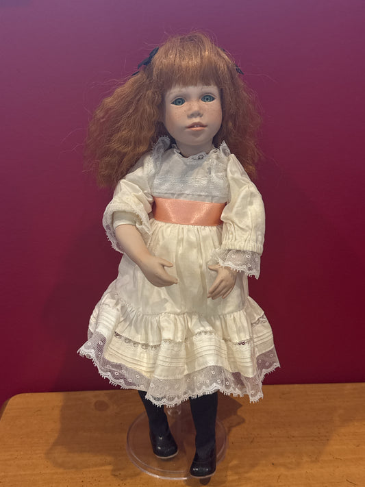 Polly's Tea Party Porcelain Collectible Doll By Susan Krey 15" Tall With Stand Red Hair Freckles