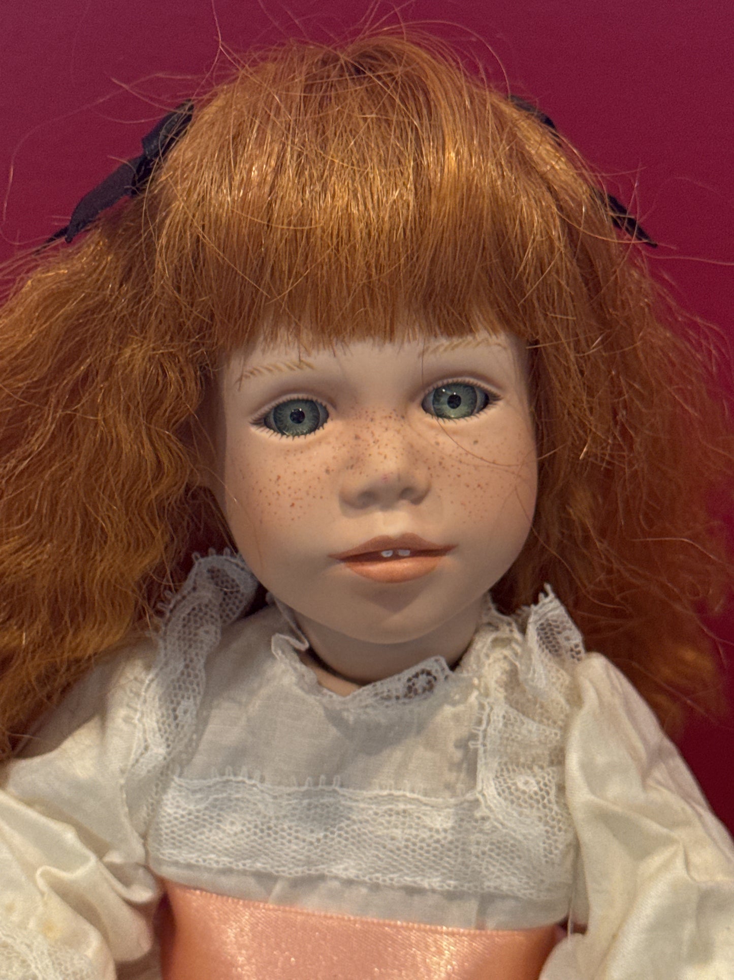 Polly's Tea Party Porcelain Collectible Doll By Susan Krey 15" Tall With Stand Red Hair Freckles