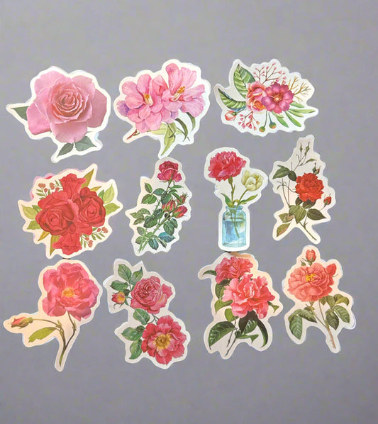 Pink & Red Flowers Stickers (11) Perfect Condition Approx 2-3" In Size