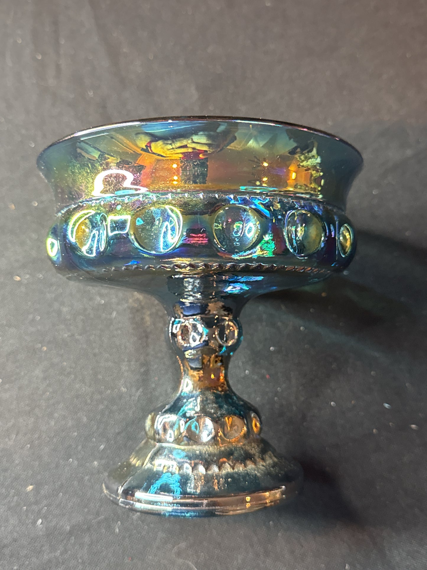 Indiana Carnival Glass Kings Crown Blue Iridescent Thumbprint Pedestal Compote 5.25" Tall