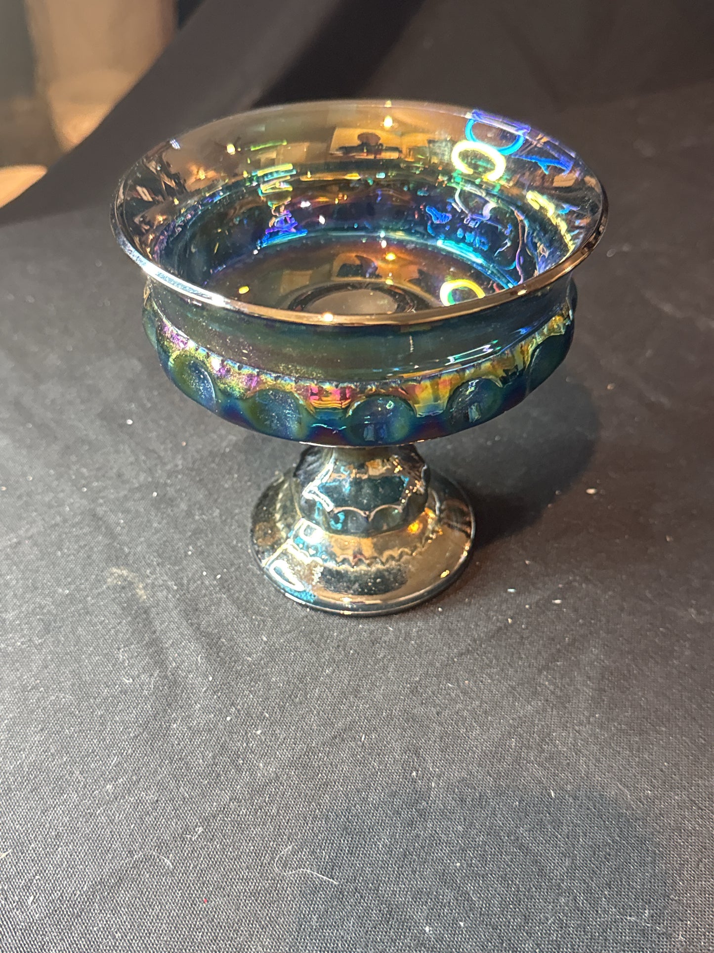 Indiana Carnival Glass Kings Crown Blue Iridescent Thumbprint Pedestal Compote 5.25" Tall