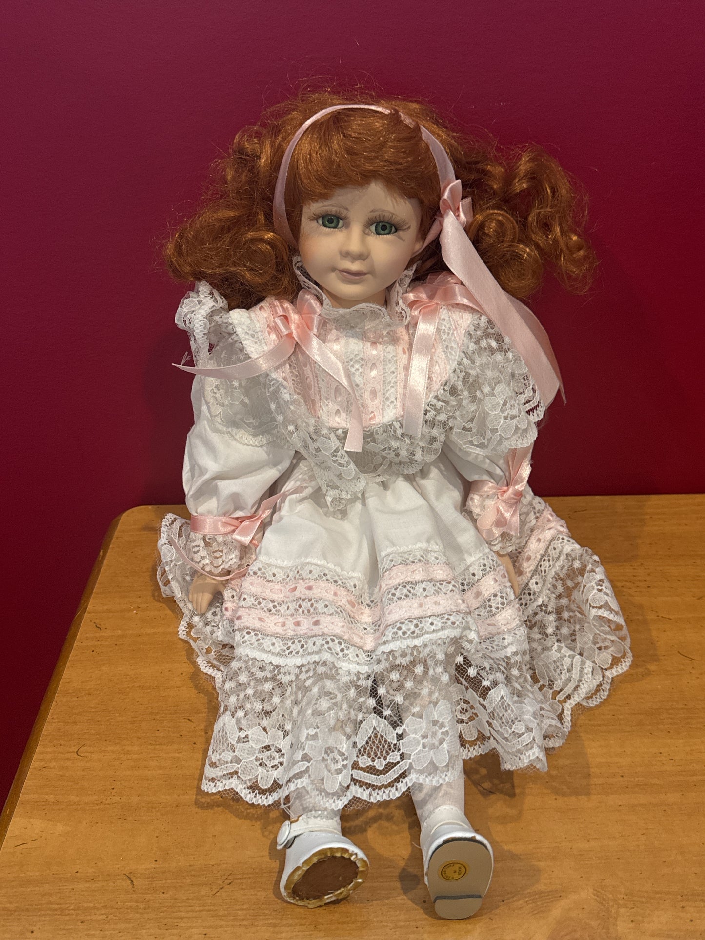 Porcelain Collectible Doll Red Hair Green Eyes White and Pink Dress 18" Tall