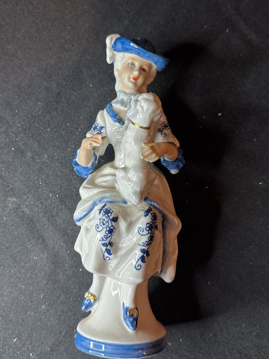 Vintage Brinn's Pittsburgh, PA Blue and White Porcelain Lady & Dog Figurine 8" Tall