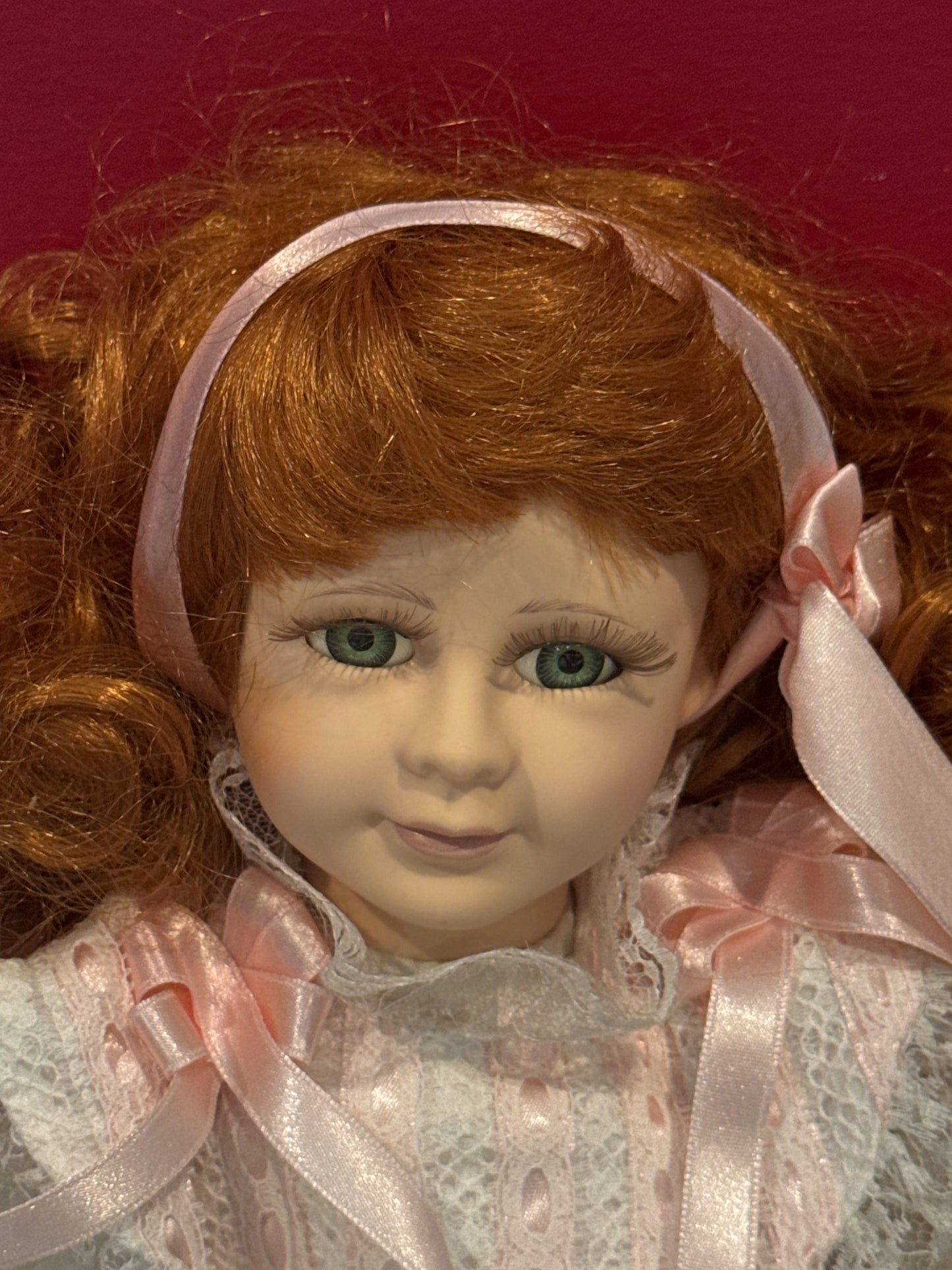 Porcelain Collectible Doll Red Hair Green Eyes White and Pink Dress 18" Tall