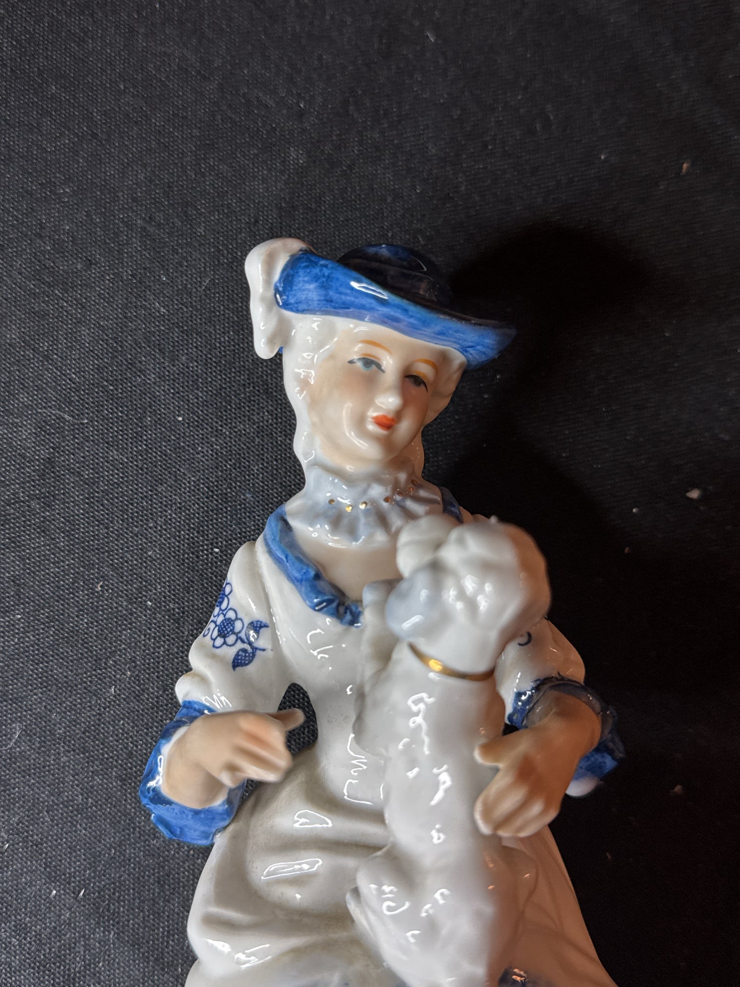 Vintage Brinn's Pittsburgh, PA Blue and White Porcelain Lady & Dog Figurine 8" Tall