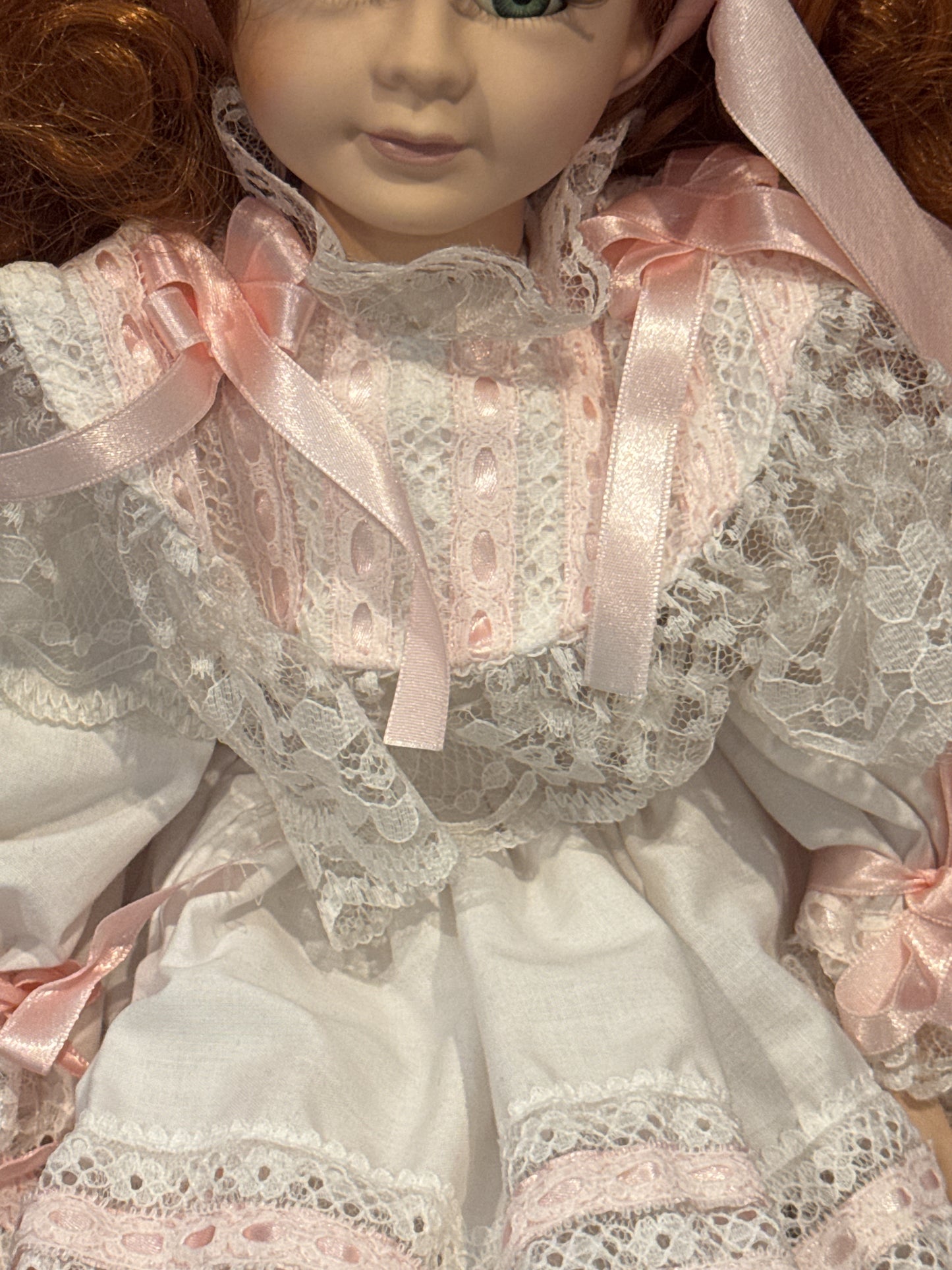 Porcelain Collectible Doll Red Hair Green Eyes White and Pink Dress 18" Tall
