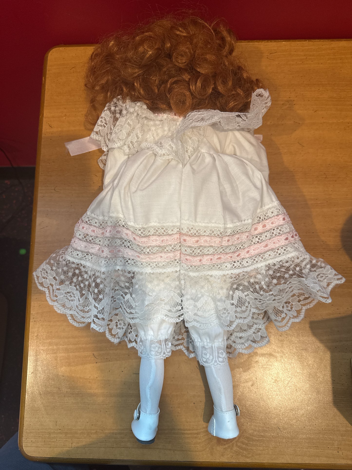 Porcelain Collectible Doll Red Hair Green Eyes White and Pink Dress 18" Tall