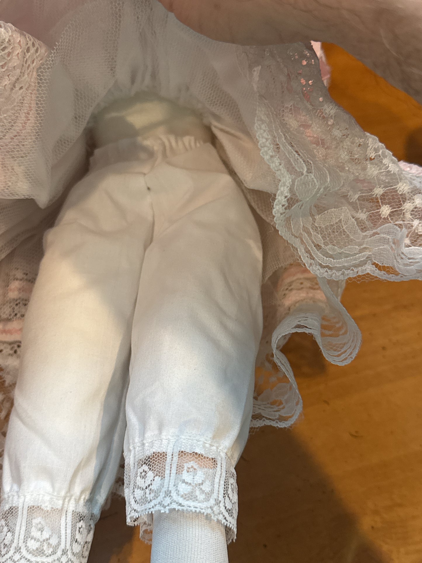 Porcelain Collectible Doll Red Hair Green Eyes White and Pink Dress 18" Tall