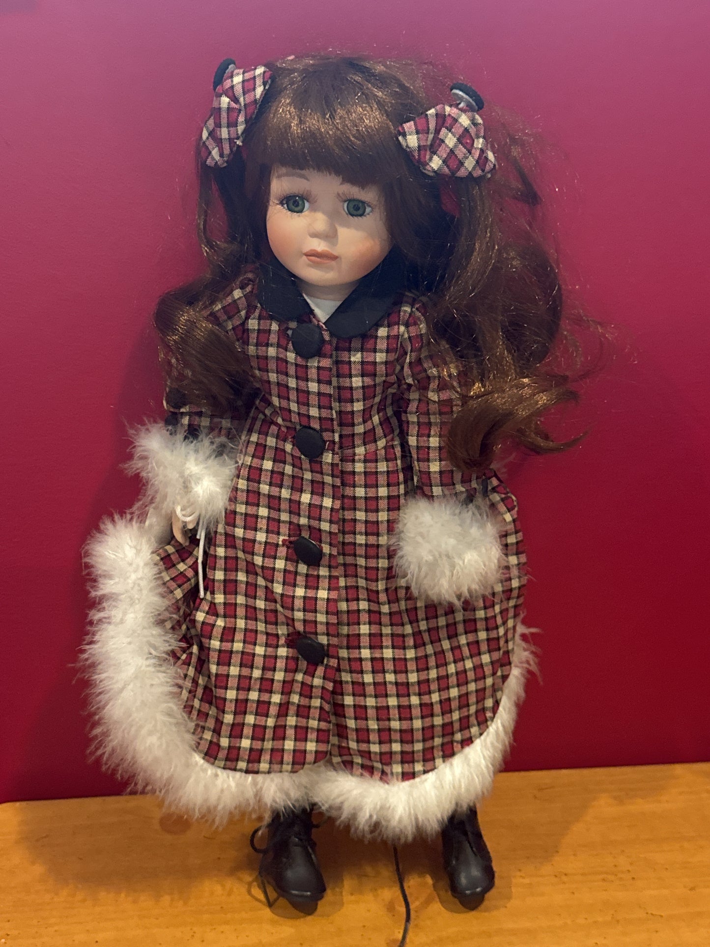 Porcelain Collectible Doll Brown Hair Winter Jacket Skates 16" Tall
