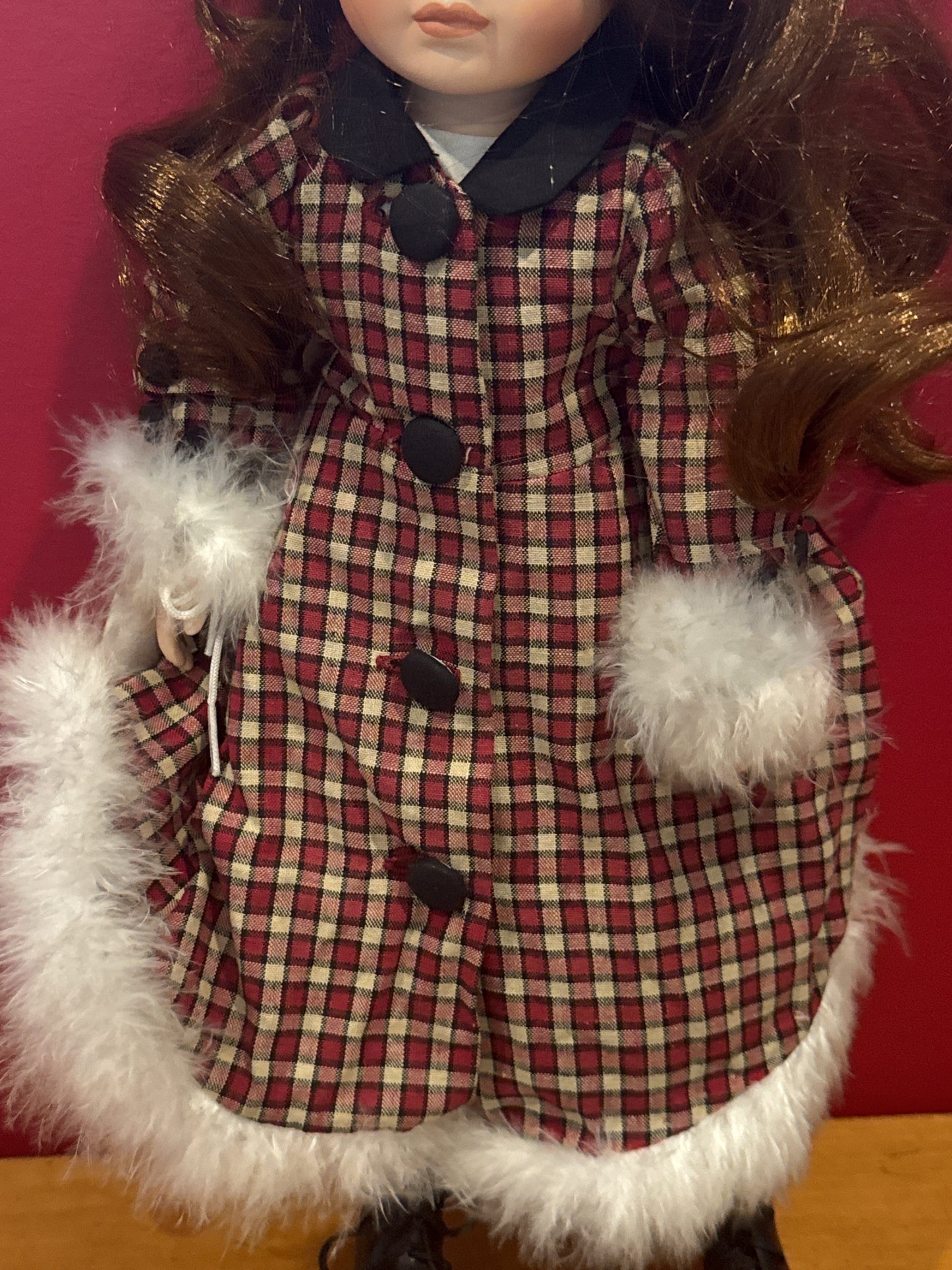 Porcelain Collectible Doll Brown Hair Winter Jacket Skates 16" Tall