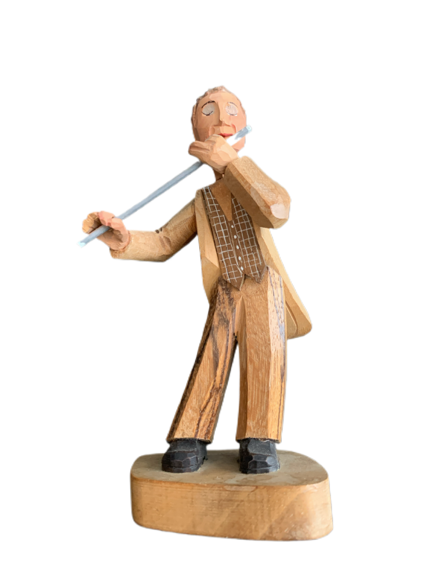 Wooden Carved Figurine Man Playing Flute 6" Tall