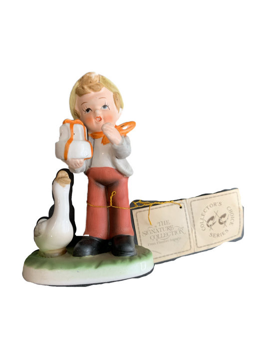 Flambro Boy Figurine Holding Gifts with Goose, Flambro Collector's Choice Series