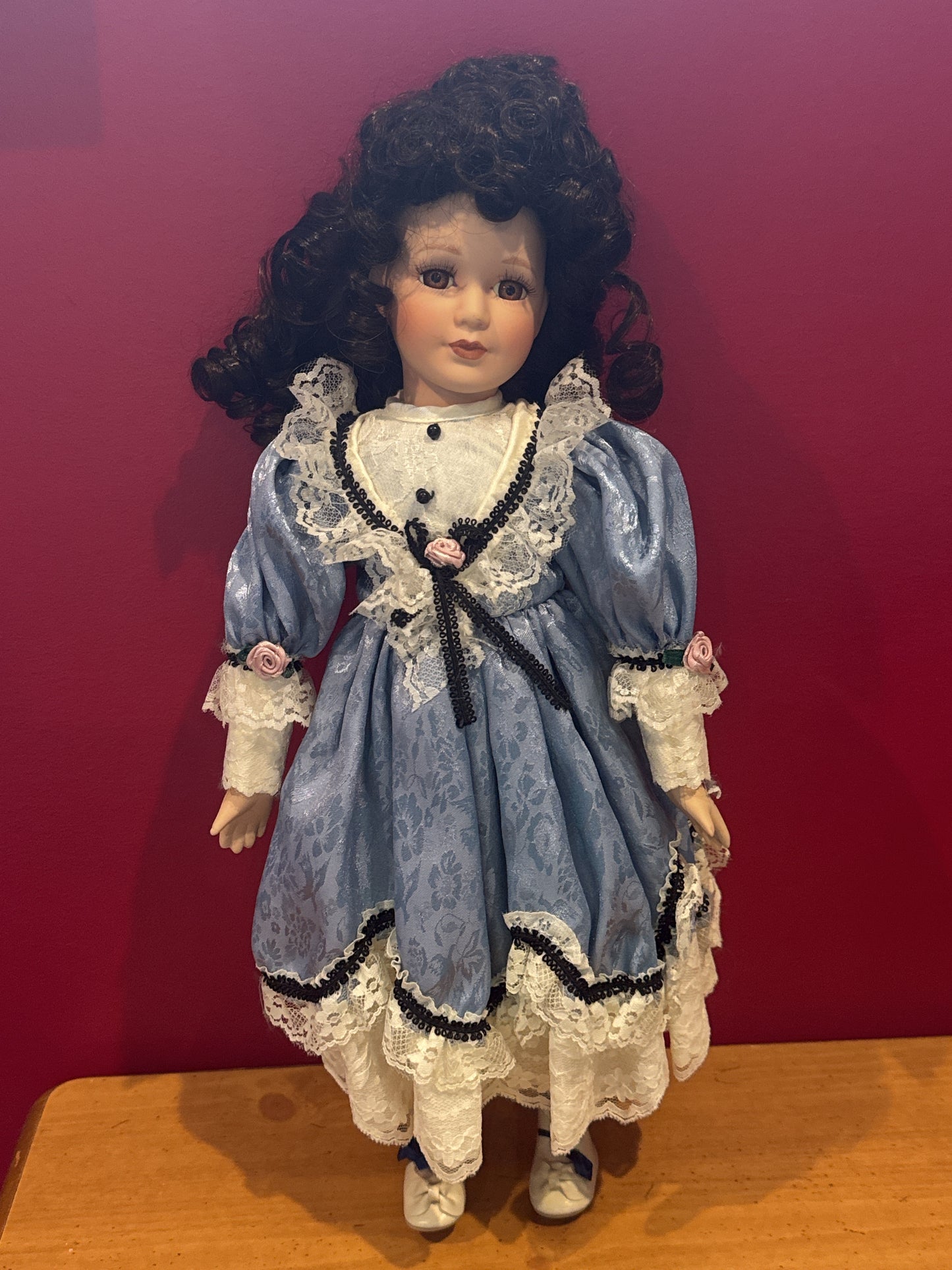 Porcelain Collectible Doll Blue Dress Black Curly Hair Brown Eyes 17" Tall