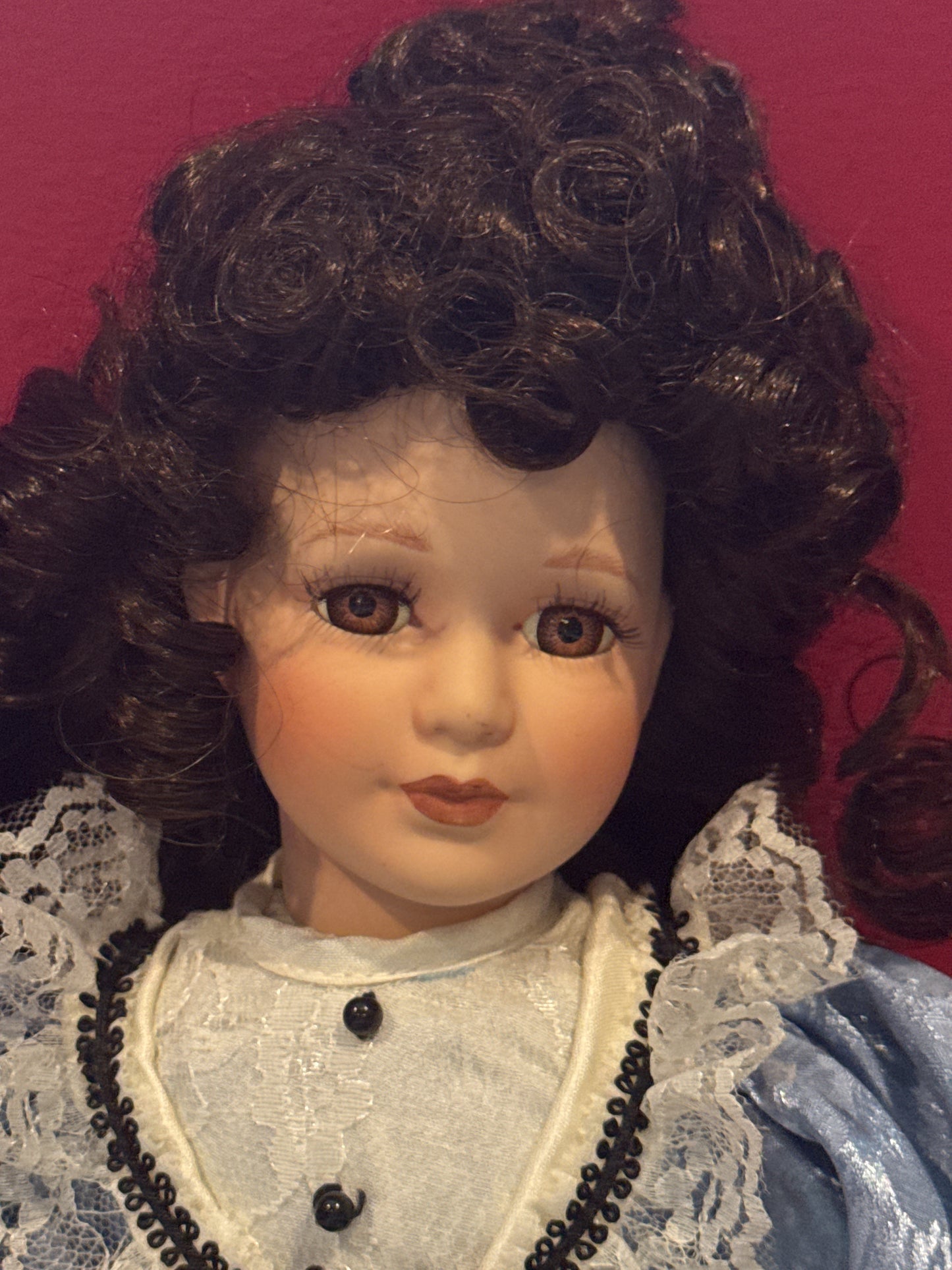 Porcelain Collectible Doll Blue Dress Black Curly Hair Brown Eyes 17" Tall