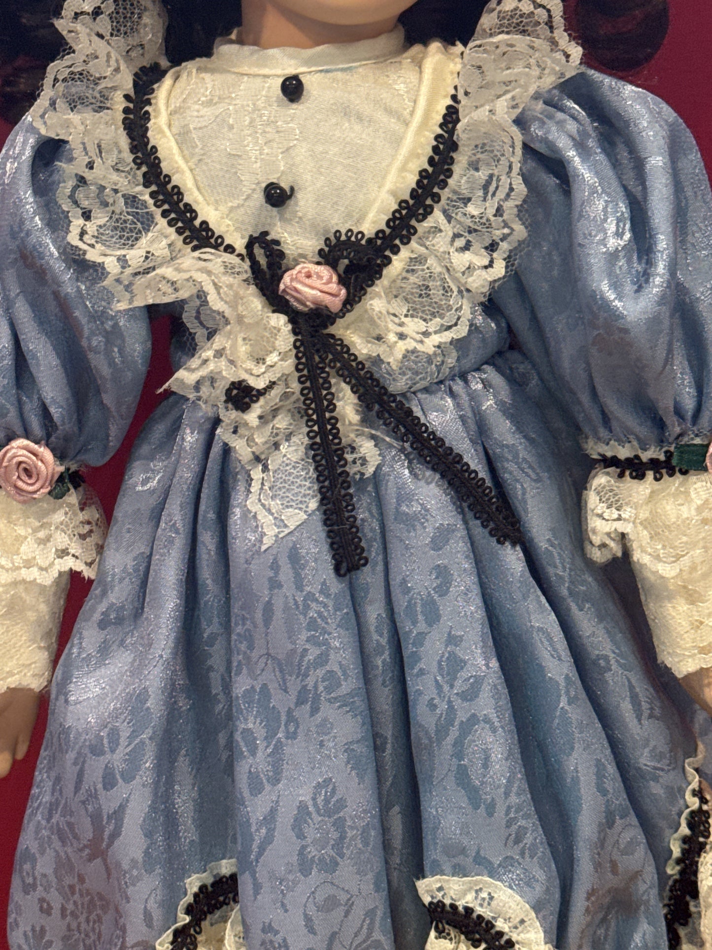 Porcelain Collectible Doll Blue Dress Black Curly Hair Brown Eyes 17" Tall