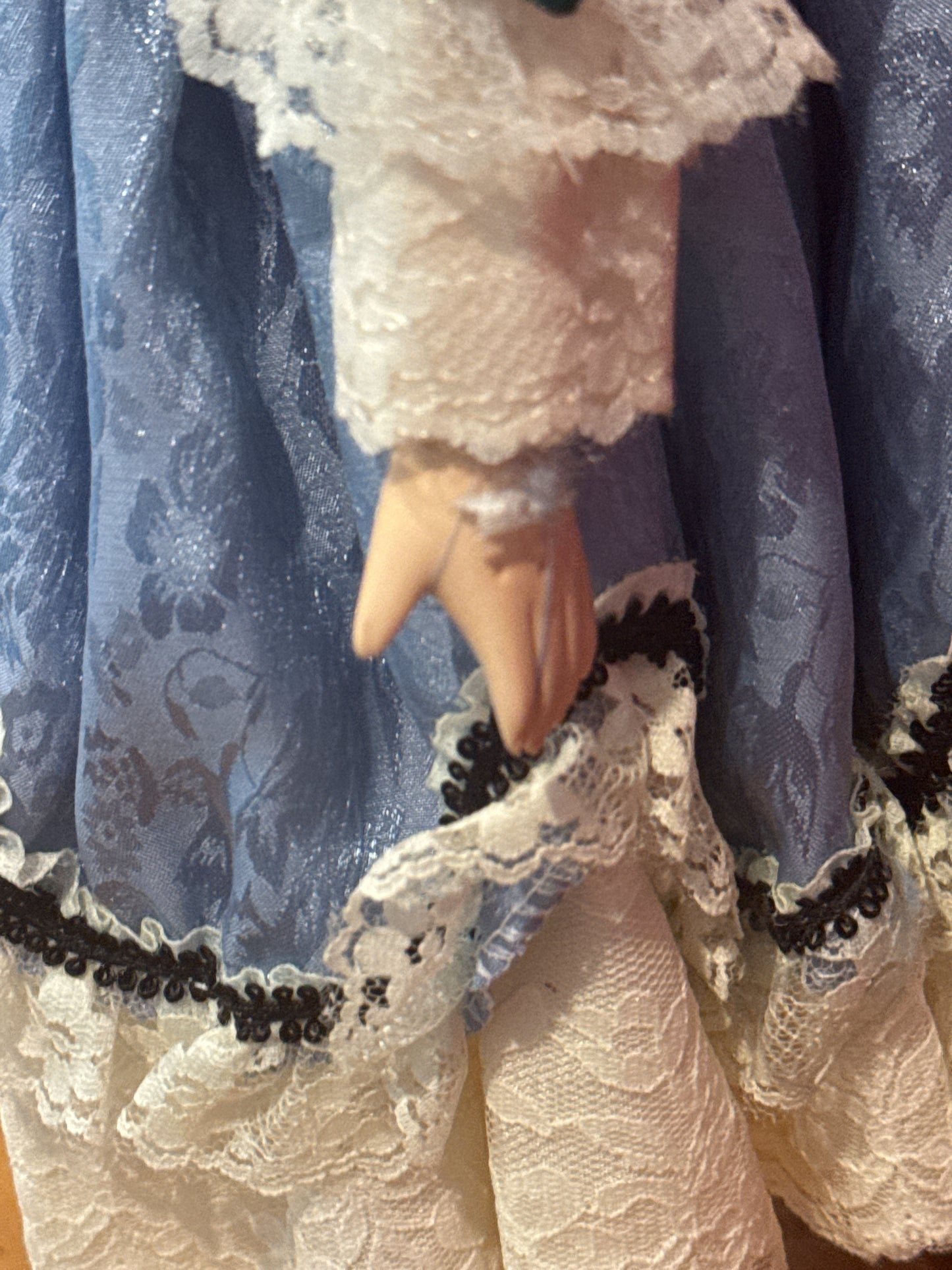 Porcelain Collectible Doll Blue Dress Black Curly Hair Brown Eyes 17" Tall