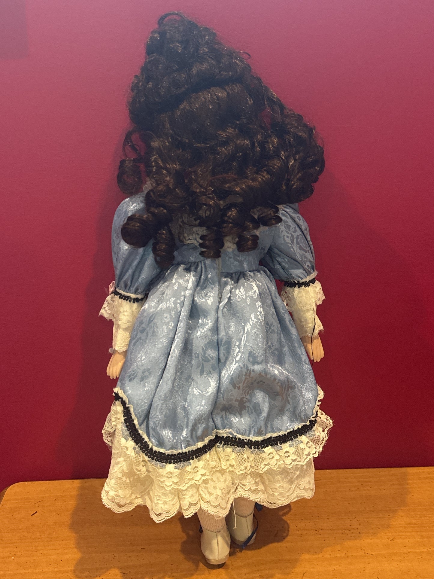Porcelain Collectible Doll Blue Dress Black Curly Hair Brown Eyes 17" Tall