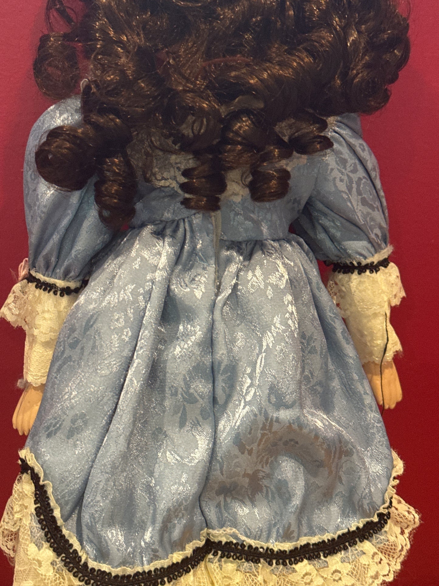 Porcelain Collectible Doll Blue Dress Black Curly Hair Brown Eyes 17" Tall