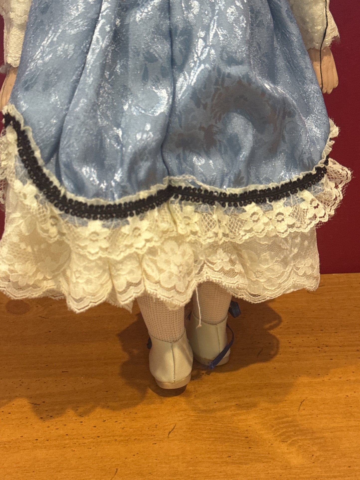 Porcelain Collectible Doll Blue Dress Black Curly Hair Brown Eyes 17" Tall