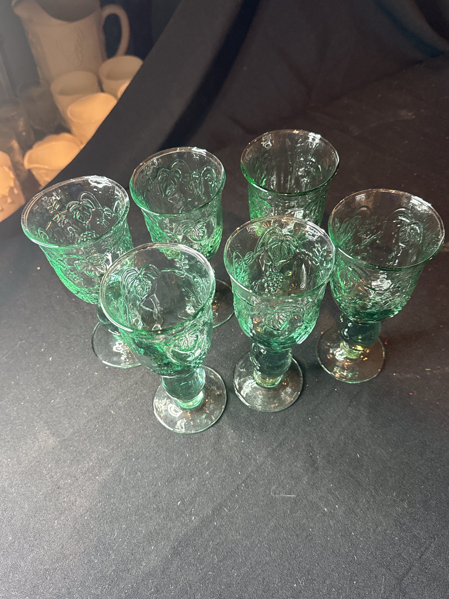 Set of 6 Recycled Glass Goblet 2000-2009 Era with Embossed Grapevine Green Wine Glass