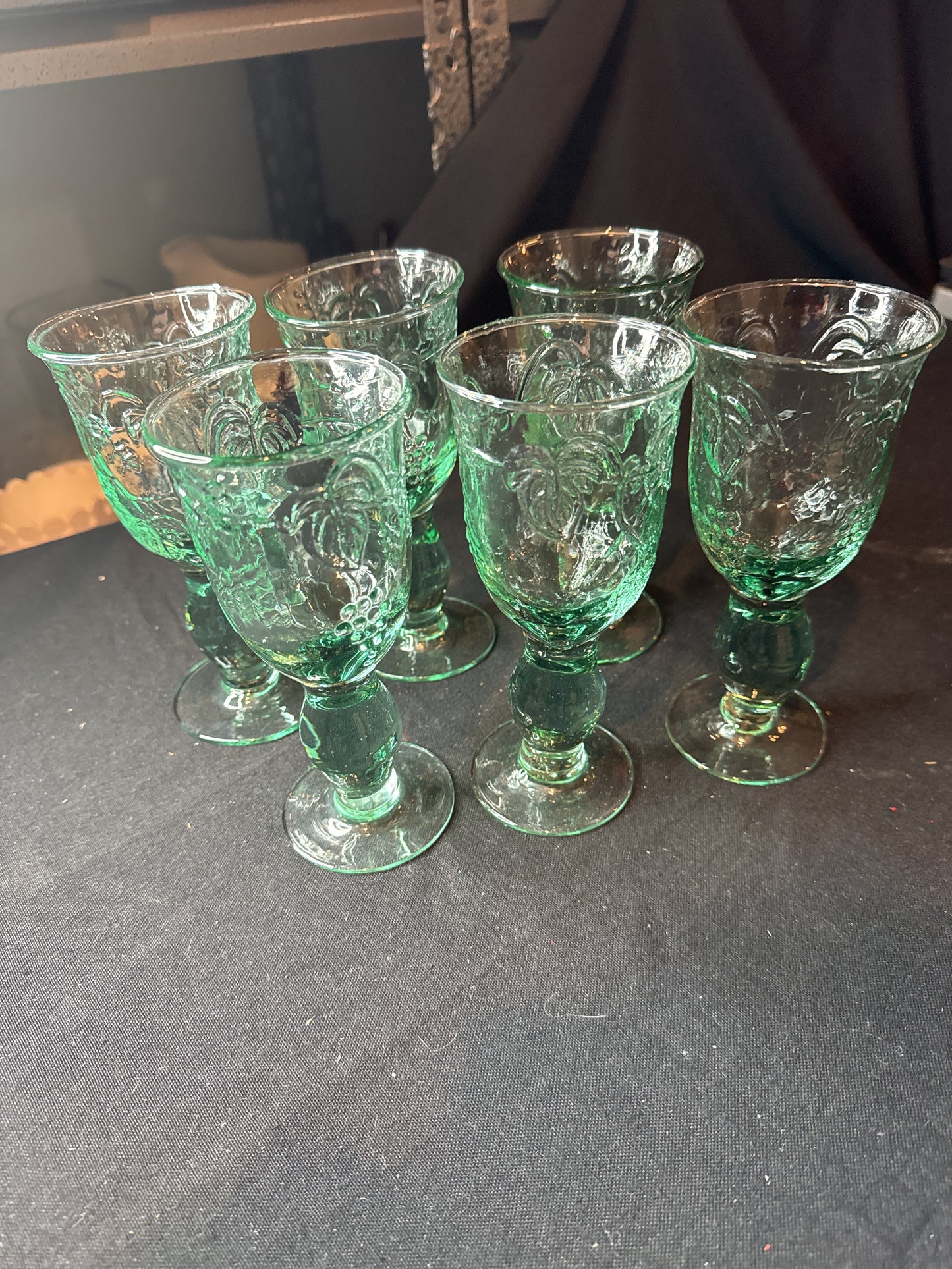 Set of 6 Recycled Glass Goblet 2000-2009 Era with Embossed Grapevine Green Wine Glass