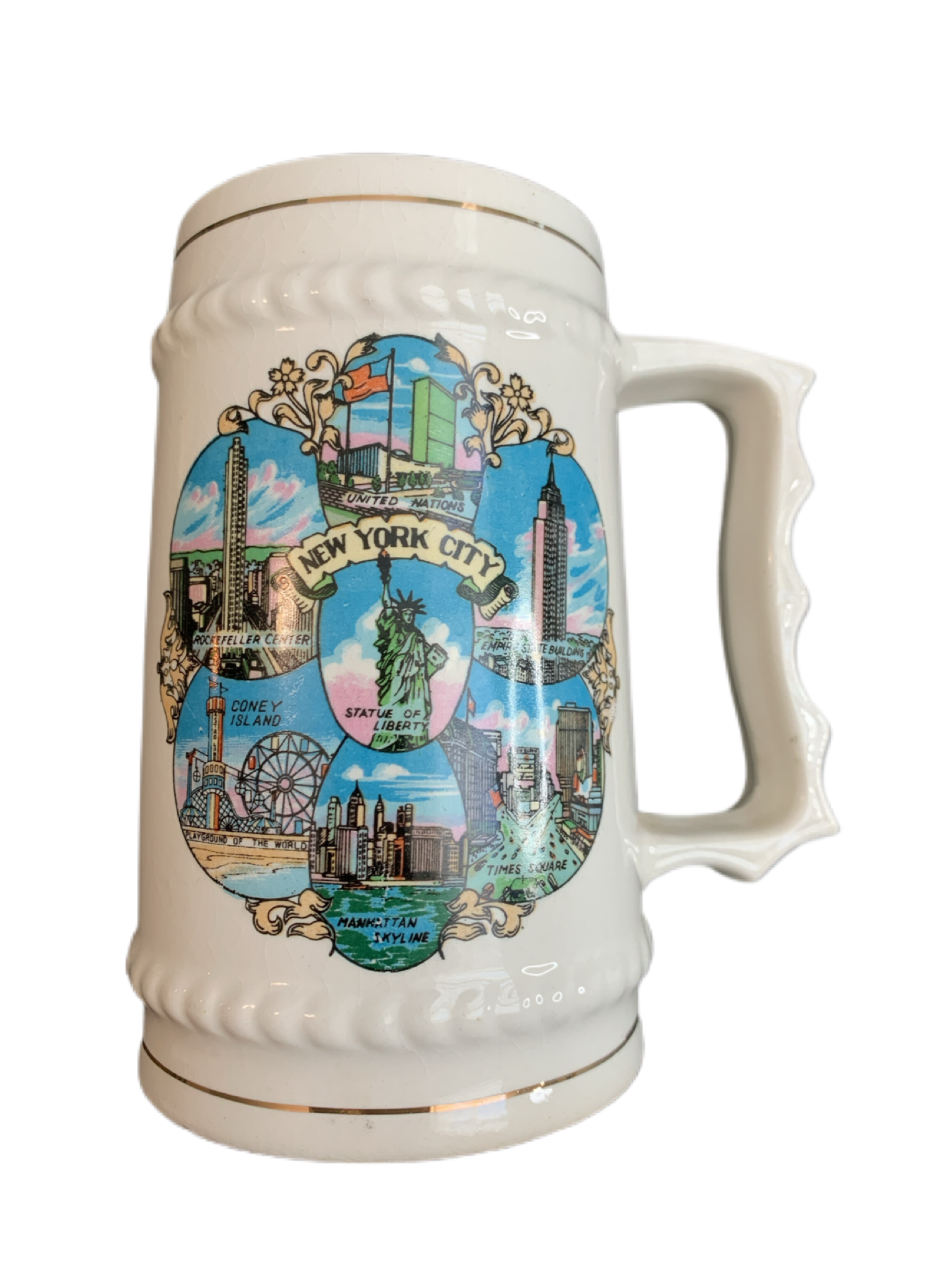 New York City Vintage Beer Mug Stein - Rockefeller, UN, Times Square, Empire, Skyline