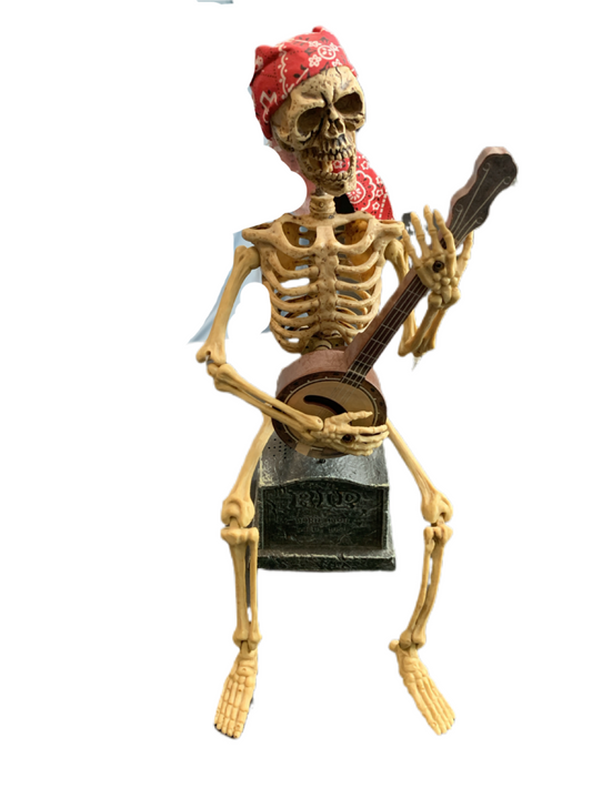 Halloween Skeleton Animated Sitting on Tombstone Plays Dueling Banjos Twists Body