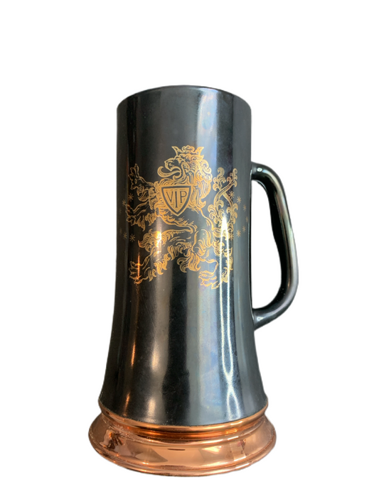 Black and Copper Glass Stein Gold VIP Lion Crown Crest Clear Bottom 7" Tall