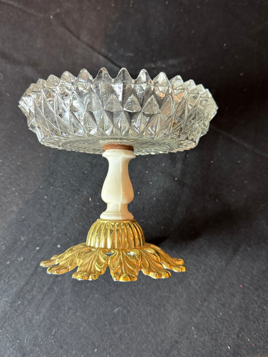 Mid Century Filigree Pedestal Crystal Small Dish Trinket Holder 4.75" Tall