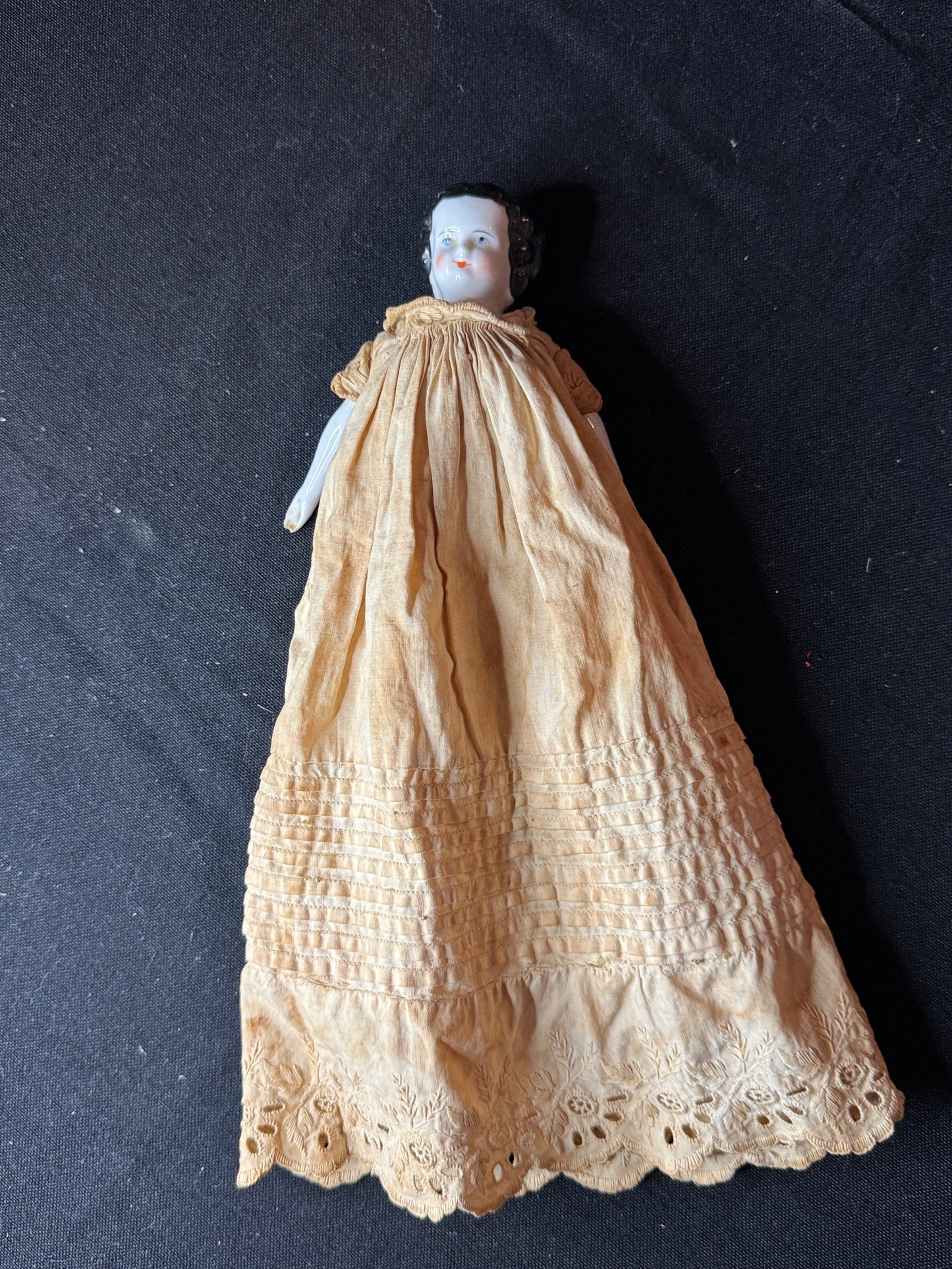 Antique 1800's Germany China Head Hands Legs Silk & Lace Dress 10" Tall Doll