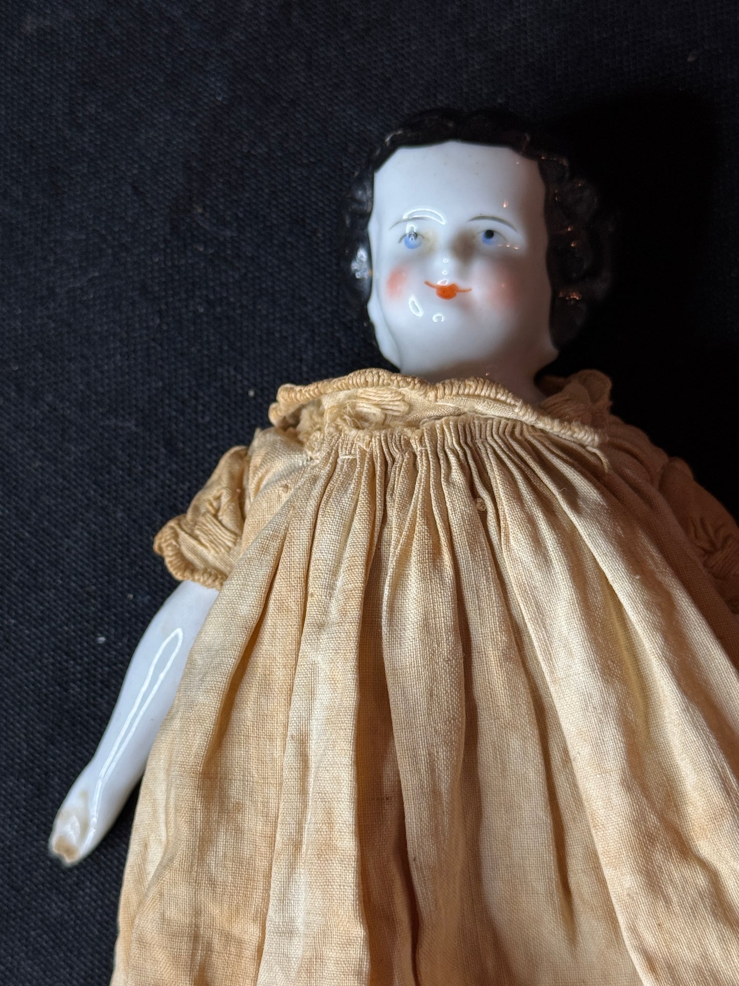 Antique 1800's Germany China Head Hands Legs Silk & Lace Dress 10" Tall Doll