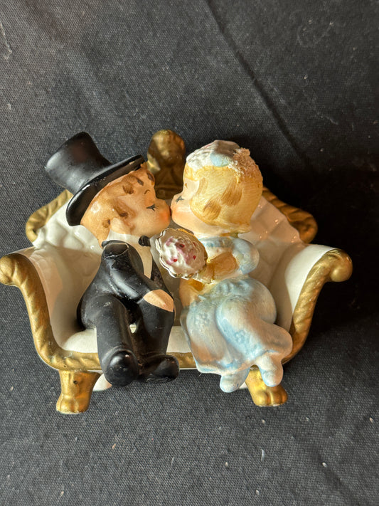 Vintage Lefton Kissing Bride Groom Figurine Wedding Sitting Cherub Couch