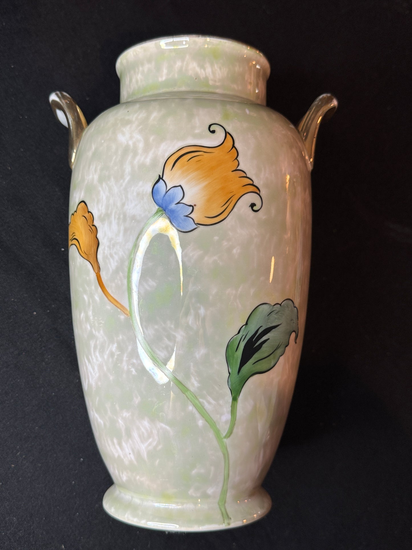 Noritake Bird on Flower Stem Green Luster w/ Handles Vase 10.25" Tall Excellent Condition