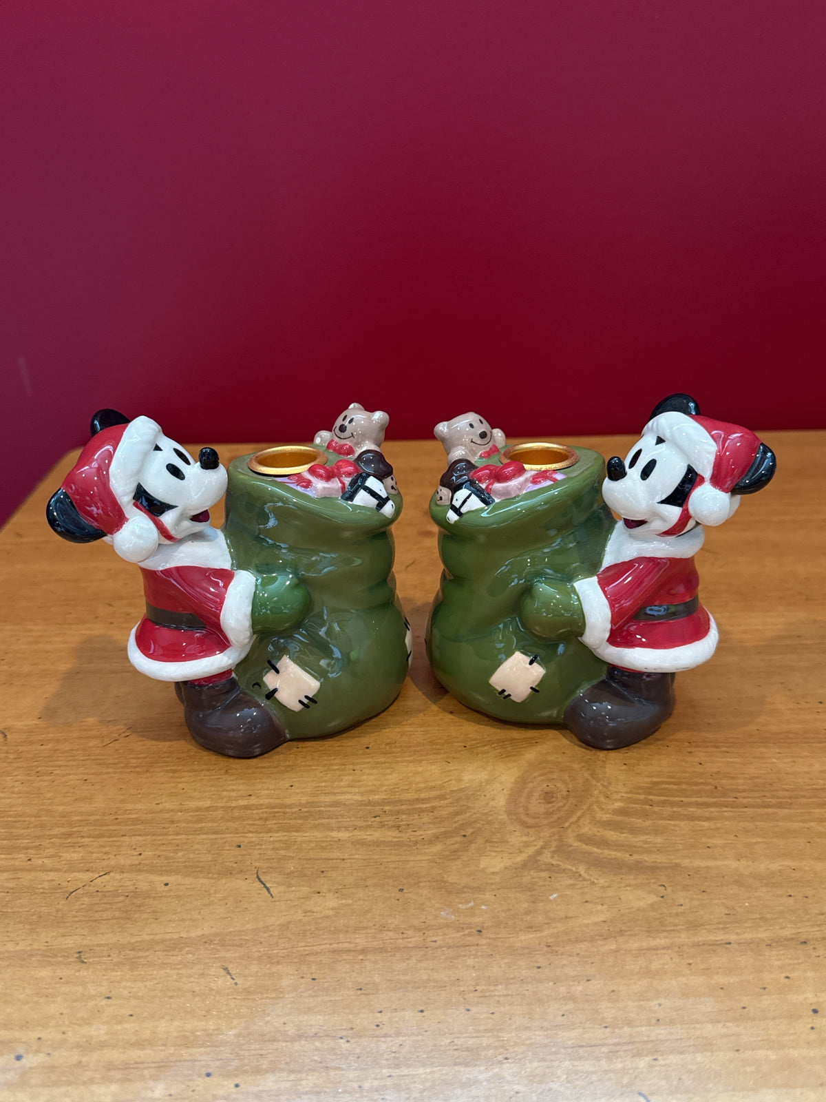 Disney Santa Mickey Mouse Candle Holders Pair 4.25" Tall