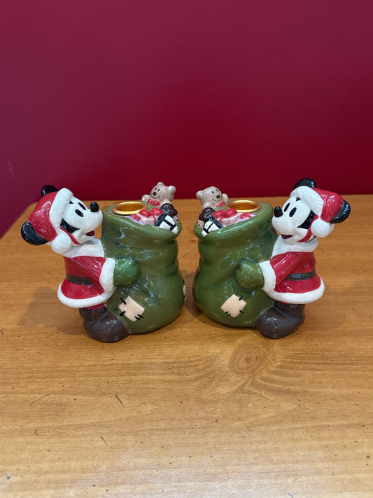 Disney Santa Mickey Mouse Candle Holders Pair 4.25" Tall