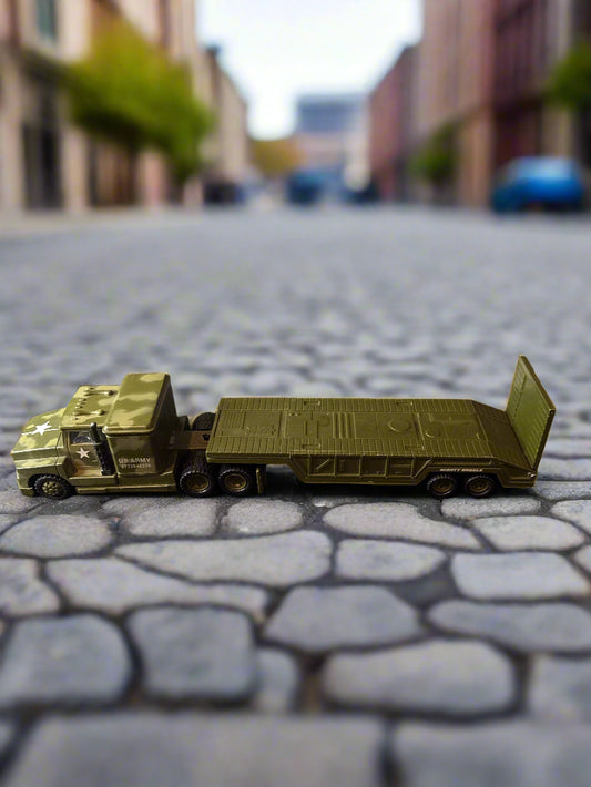Vintage Toy Military Army Truck Hauler Flat Bed Army Camouflage Vehicle Transporter 12"