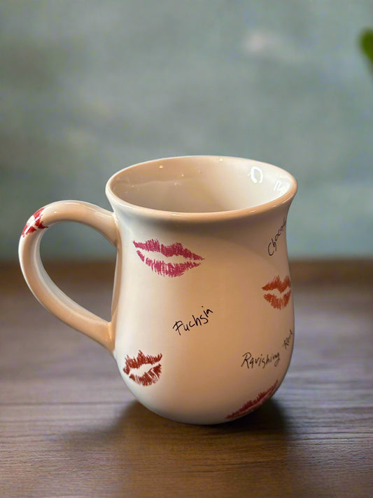 Mary K Lips Coffee Cup Mug 4 3/8" Tall White, Pink & Red