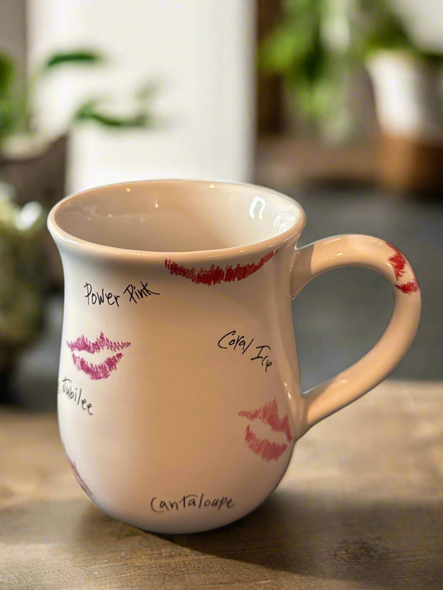 Mary K Lips Coffee Cup Mug 4 3/8" Tall White, Pink & Red